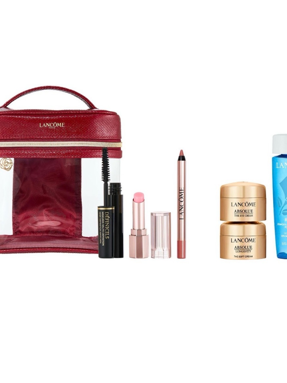 Lancome Beauty Kit with Red Cosmetic Case and Gold Jars